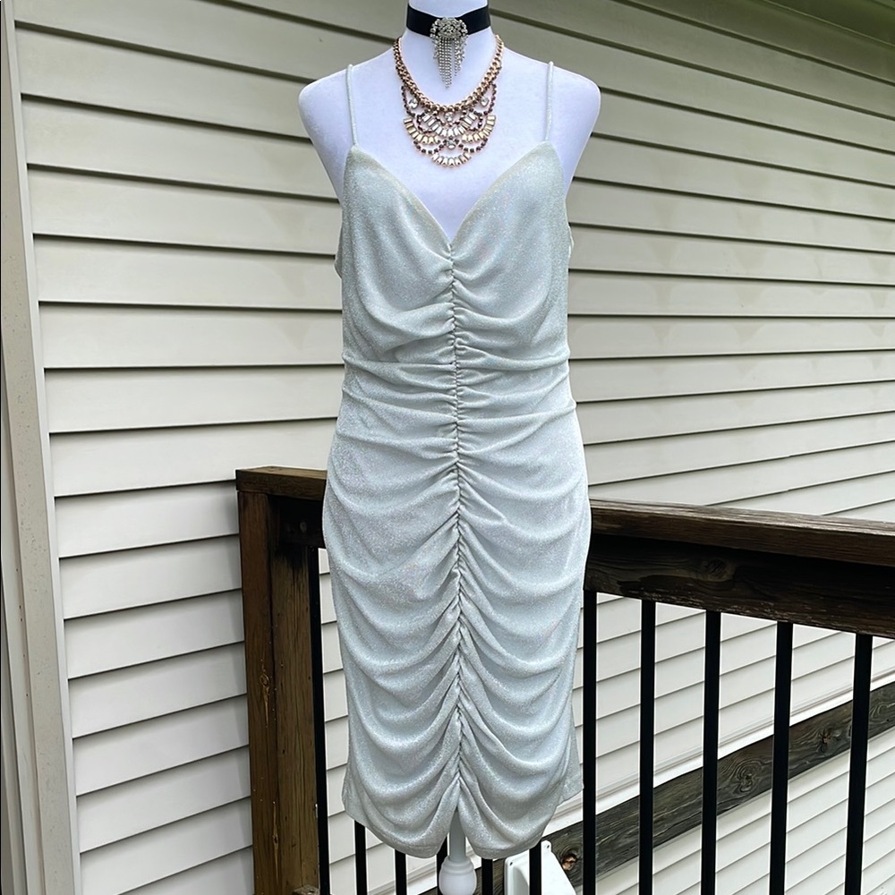 Hugo Buscati Silver Ruched Sheath Midi Dress Cocktail